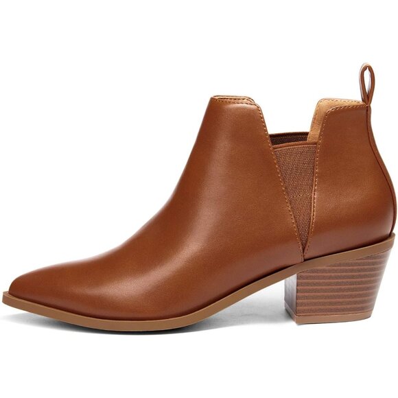 Women Booties Faux Leather Chunky Heel Ankle Slip-On Pointed Toe - Picture 2 of 5